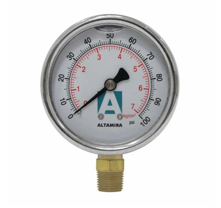 Manómetro Altamira conexión inferior 2.5″ de 0 a 100 psi, 1/4″ con glicerina, caja Inox.